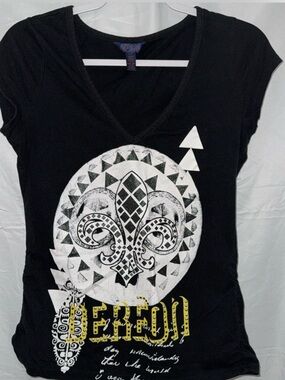 Dereon Black V-Neck Tee with White Fleur-de-Lis and Yellow Logo